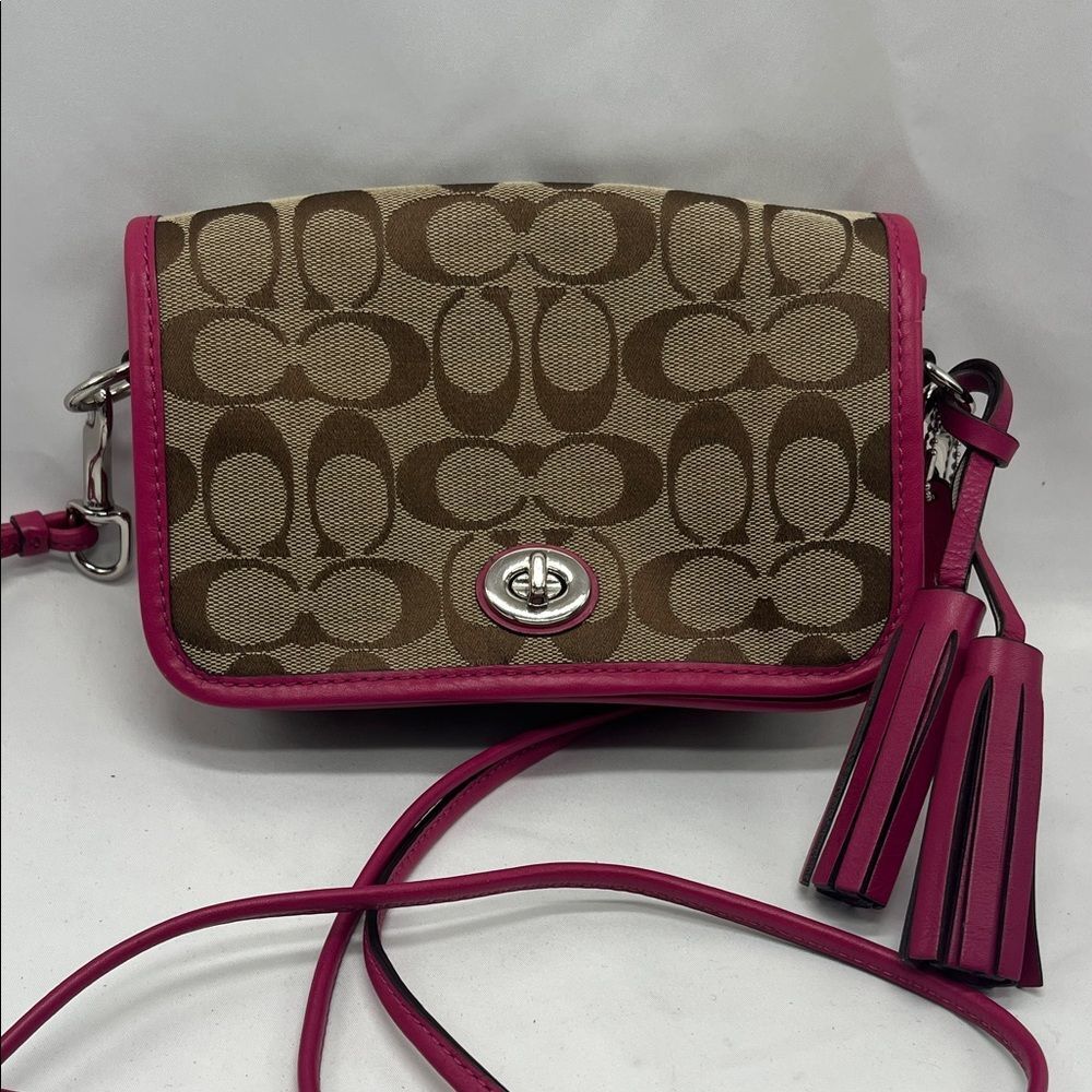 Coach Legacy Signature Penny Small Crossbody Bag Purse in Khaki and Berry